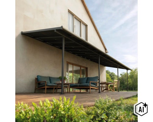 Moderne Terrassenüberdachung aus Metall über einer Holzterrasse mit gemütlicher Sitzgruppe vor einer Hausfassade. (Image AI modified or generated)