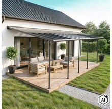 Terrassenüberdachung aus Aluminium über einer Holzterrasse mit Lounge Möbeln an einem Wohnhaus mit Garten. (Image AI modified or generated)