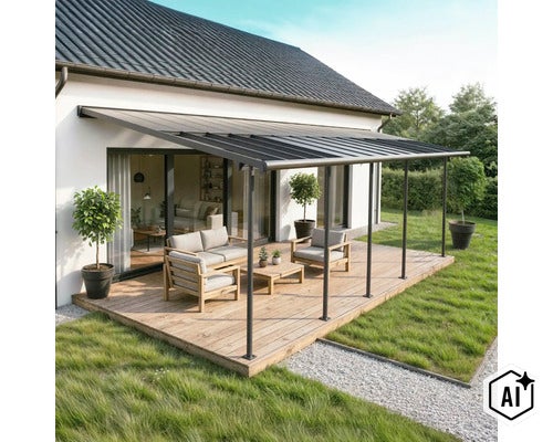 Terrassenüberdachung aus Aluminium über einer Holzterrasse mit Lounge Möbeln an einem Wohnhaus mit Garten. (Image AI modified or generated)