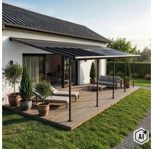 Terrassenüberdachung mit Holzterrasse, Lounge-Möbeln und Pflanzen vor einem Wohnhaus in modernem Design. (Image AI modified or generated)
