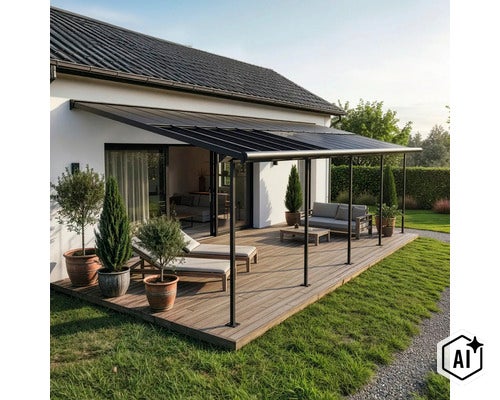 Terrassenüberdachung mit Holzterrasse, Lounge-Möbeln und Pflanzen vor einem Wohnhaus in modernem Design. (Image AI modified or generated)