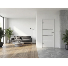 Moderne helle Wohnzimmerszene mit weißer Zimmertür mit horizontalen Streifen, grauem Sofa, Holzfußboden und Zimmerpflanzen.