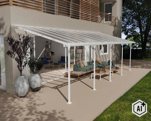 Moderne Terrassenüberdachung mit festem Rahmen und transparentem Dach, montiert an einer Hausfassade über einer eingerichteten Terrasse. (Image AI modified or generated)