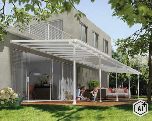 Eine weiße Terrassenüberdachung aus Aluminium auf einer Holzterrasse vor einem modernen Haus mit einer Mutter und ihrem Kind im Garten. (Image AI modified or generated)