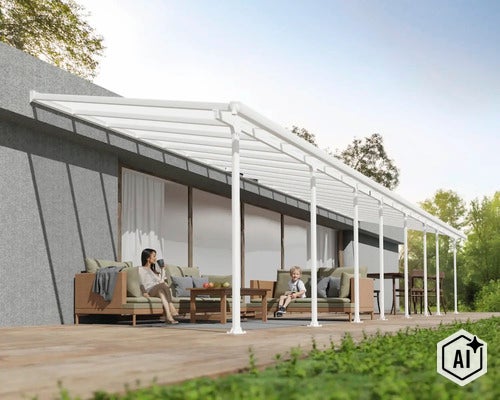 Moderne Terrassenüberdachung mit Aluminiumgestell und Glaseindeckung an einem Haus mit Lounge Möbeln auf der Terrasse. (Image AI modified or generated)