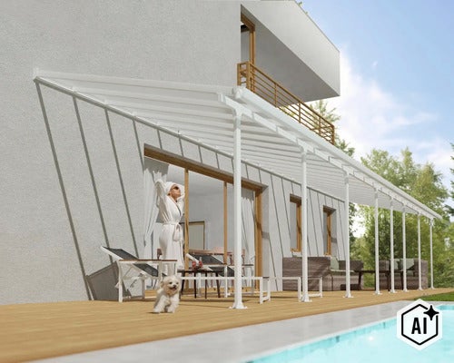 Moderne Terrassenüberdachung aus Aluminium an einer Hausfassade mit Holzterrasse und Poolbereich. (Image AI modified or generated)