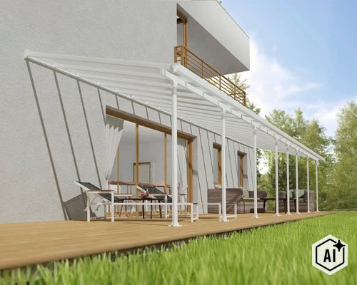 Terrassenüberdachung aus Aluminium an einer Hauswand mit Holzterrasse und Gartenmöbeln. (Image AI modified or generated)