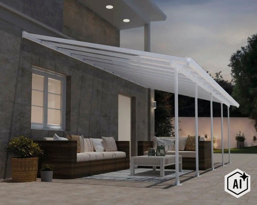 Terrassenüberdachung aus Aluminium mit Dacheindeckung aus Kunststoff an einer Hauswand montiert über einer gemütlichen Sitzgruppe auf der Terrasse. (Image AI modified or generated)