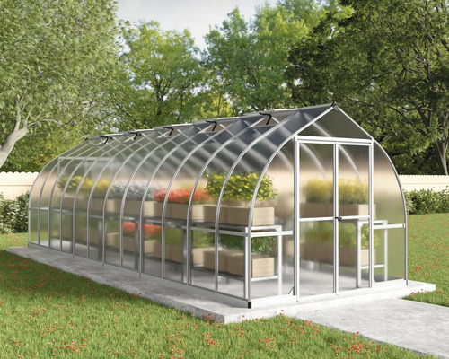 Großes Rundbogengewächshaus aus Aluminium und Polycarbonat auf Betonfundament im Garten mit Regalen und Pflanzen.