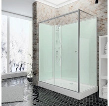 Eck-Duschkabine mit Echtglas-Schiebetür, silberfarbenem Rahmen, Rückwänden in Mint und weißer Duschwanne in einem modernen Badezimmer.