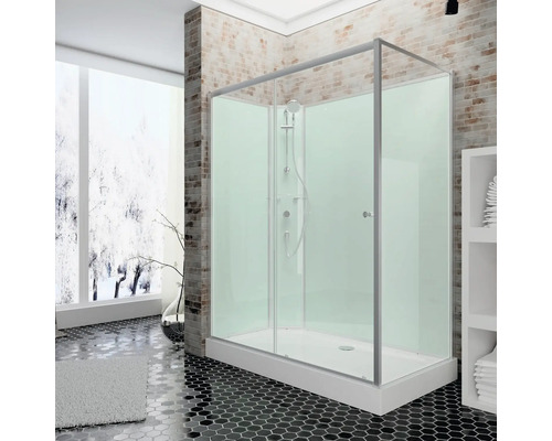 Eck-Duschkabine mit Echtglas-Schiebetür, silberfarbenem Rahmen, Rückwänden in Mint und weißer Duschwanne in einem modernen Badezimmer.