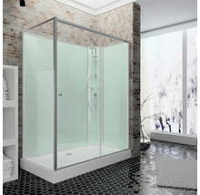 Moderne Eckduschkabine mit Glaswänden, Duschwanne und Armaturen in einem Badezimmer mit Backsteinwand und schwarzem Sechseck-Fliesenboden.