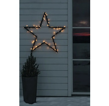 Beleuchteter LED-Stern an einer weißen Holzfassade neben einem kleinen Nadelbaum im Topf bei winterlicher Dämmerung.