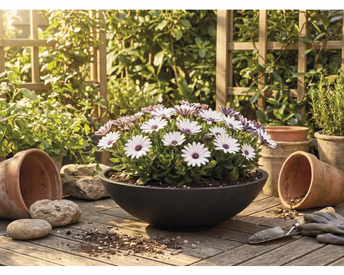 Weiße und violette Osteospermum in schwarzer Pflanzschale auf Holzoberfläche mit Terrakottatöpfen und Gartenwerkzeug in einem hellen Garten.