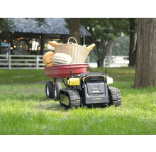 Ein Yarbo Hofroboter mit Raupenantrieb zieht einen roten Gartenanhänger mit Kürbissen und einem Weidenkorb auf einer grünen Rasenfläche.