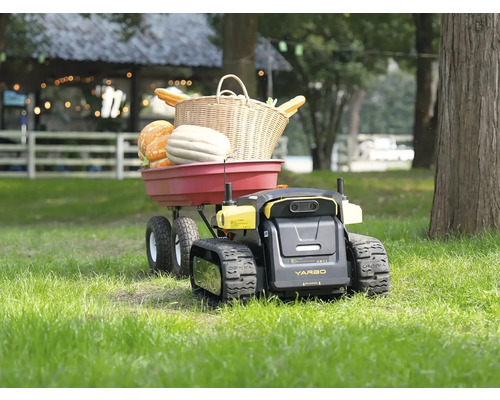 Ein Yarbo Hofroboter mit Raupenantrieb zieht einen roten Gartenanhänger mit Kürbissen und einem Weidenkorb auf einer grünen Rasenfläche.