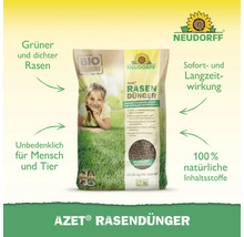 Neudorff Logo, Azet Rasendünger Packung mit organischem Granulat für dichten Rasen, unbedenklich für Mensch und Tier, 100 Prozent natürliche Inhaltsstoffe.