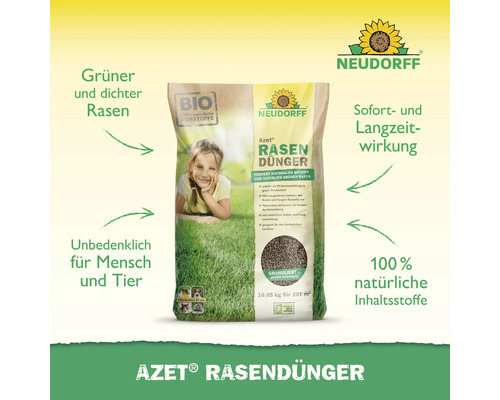 Neudorff Logo, Azet Rasendünger Packung mit organischem Granulat für dichten Rasen, unbedenklich für Mensch und Tier, 100 Prozent natürliche Inhaltsstoffe.