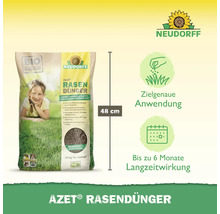 Neudorff Azet Rasendünger, 10 Kilogramm Sack, 48 Zentimeter hoch, zielgenaue Anwendung, 6 Monate Langzeitwirkung, Bio-Produkt, Neudorff Logo.