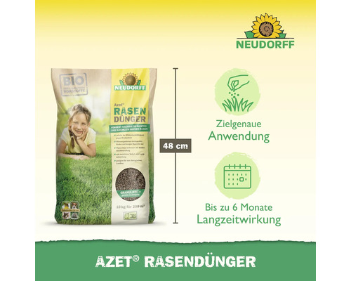 Neudorff Azet Rasendünger, 10 Kilogramm Sack, 48 Zentimeter hoch, zielgenaue Anwendung, 6 Monate Langzeitwirkung, Bio-Produkt, Neudorff Logo.