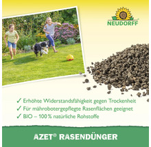 Neudorff Azet Rasendünger aus 100 Prozent natürlichen Rohstoffen, geeignet für Mähroboter, erhöht die Widerstandsfähigkeit gegen Trockenheit.