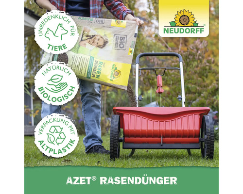 Neudorff Logo. Person füllt Azet Rasendünger in Streuwagen auf Rasen. Unbedenklich für Tiere, biologisch, Verpackung mit Altplastik.