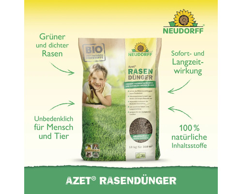 Neudorff Azet Rasendünger, 18 Kilogramm, organischer Dünger für dichten grünen Rasen, unbedenklich für Mensch und Tier.