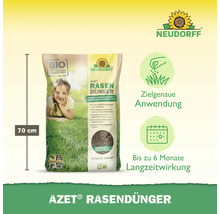 Neudorff Logo. Azet Rasendünger 18 Kilogramm für 360 Quadratmeter mit 70 Zentimeter Beutelhöhe, Bio-Qualität und bis zu 6 Monate Langzeitwirkung.