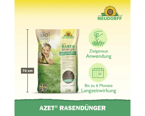 Neudorff Logo. Azet Rasendünger 18 Kilogramm für 360 Quadratmeter mit 70 Zentimeter Beutelhöhe, Bio-Qualität und bis zu 6 Monate Langzeitwirkung.