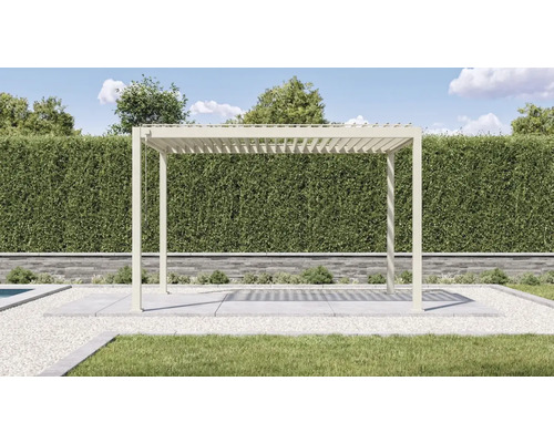 Freistehende Aluminium Pergola mit verstellbarem Lamellendach in einem modernen Garten auf einer gepflasterten Terrasse.