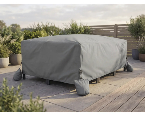Wetterfeste Abdeckhaube für Gartenmöbel auf einer hellen Terrasse, mit Sandgewichten an den Ecken gesichert.