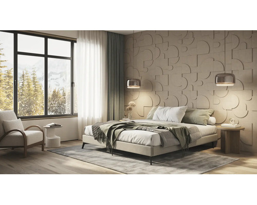 Modernes Schlafzimmer mit 3D Wandpaneelen in geometrischem Design, Doppelbett, Pendelleuchten und großem Fenster mit Bergblick.