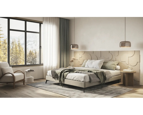 Modernes Schlafzimmer mit Doppelbett, strukturiertem Kopfteil, Pendelleuchten, großem Fenster mit Waldansicht und Teppich auf Holzboden.