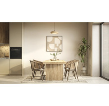 Moderner Essbereich mit einem massiven Holztisch mit Lamellengestell, vier Rattanstühlen mit Sitzkissen, einer Pendelleuchte und einer Zimmerpflanze.