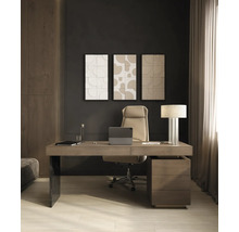 Modernes Heimbüro mit Holzschreibtisch, ergonomischem Bürostuhl, dreiteiliger Wandkunst und einer Tischlampe in organisierter Atmosphäre.