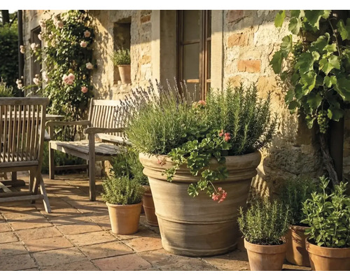 Großer Terrakotta-Pflanztopf mit Lavendel, Rosmarin und Geranien auf einer hellen Steinterrasse mit Gartenmöbeln aus Holz.
