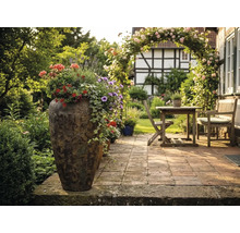 Bepflanztes hohes Pflanzgefäß auf einer gepflasterten Terrasse mit Gartenmöbeln aus Holz, Rosenbogen und Fachwerkhaus im Hintergrund.