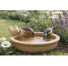 Vogeltränke aus Terrakotta mit Vogelfiguren, zwei Vögel trinken Wasser in einem Garten mit Blumen.