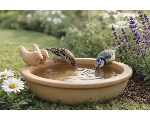 Vogeltränke aus Terrakotta mit Vogelfiguren, zwei Vögel trinken Wasser in einem Garten mit Blumen.