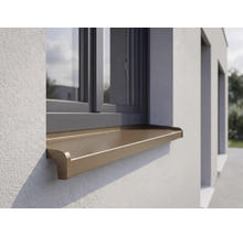 Außenfensterbank aus Aluminium an einem Fenster mit dunklem Rahmen in einer hellen Hauswand.