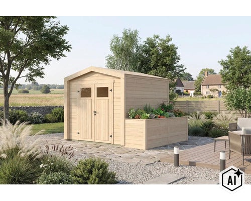 Gartenhaus aus Holz mit integriertem Hochbeet und Doppeltür im Garten. (Image AI modified or generated)