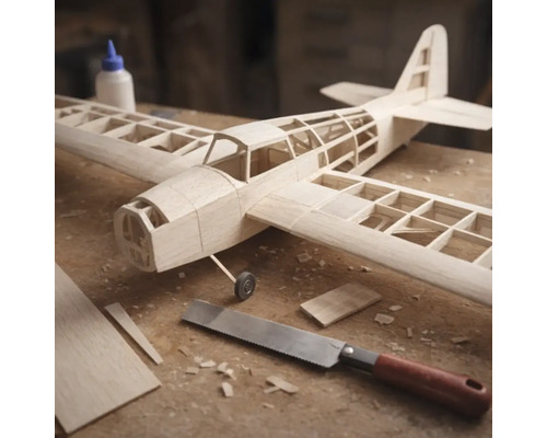 Modellflugzeug aus Holz im Bau auf einer Werkbank mit Feinsäge und Holzleim.