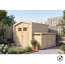Gartenhaus aus Holz mit integriertem Anbau zur Aufbewahrung von Mülltonnen in einem gepflegten Garten. (Image AI modified or generated)