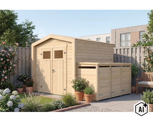 Gartenhaus aus Holz mit integriertem Anbau zur Aufbewahrung von Mülltonnen in einem gepflegten Garten. (Image AI modified or generated)