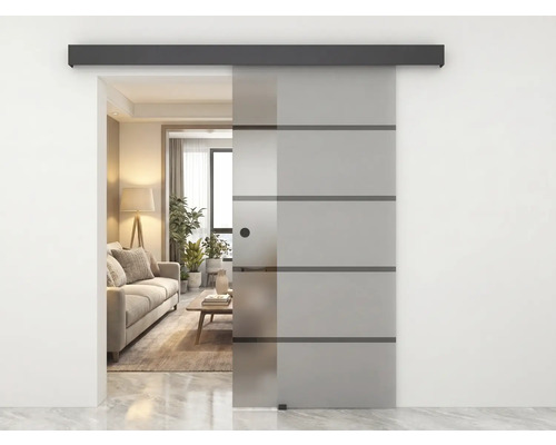 Schiebetür aus Glas mit Querstreifen und schwarzer Laufschiene in einem modern eingerichteten Wohnzimmer mit Sofa und Pflanzen.