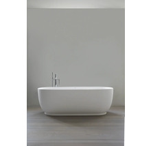 Freistehende, ovale Badewanne in modernem Design mit verchromter Bodenarmatur und Handbrause in einem hellen, minimalistischen Badezimmer.