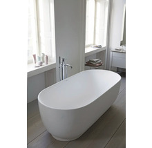 Freistehende ovale Badewanne in einem hellen modernen Badezimmer mit bodenstehender Armatur und Holzfußboden.