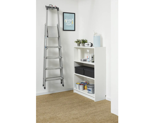 Organisierte Aufbewahrung mit einem weißen Regal und einer an der Wand hängenden Aluminium-Stehleiter. Das Regal enthält Farben und Boxen.