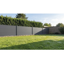 Moderner Sichtschutzzaun aus anthrazitfarbenen horizontalen Paneelen in einem Garten mit Rasenfläche und Hecke.