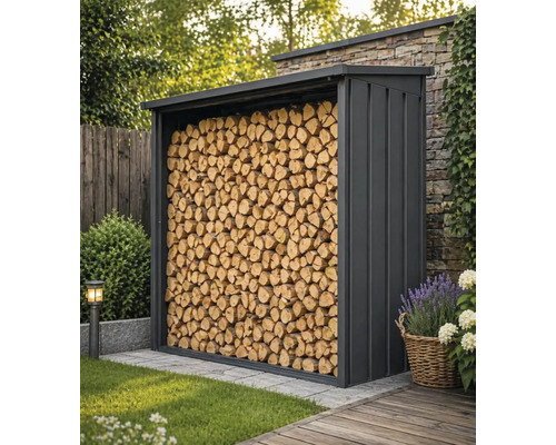 Modernes Kaminholzregal aus Metall in Anthrazit gefüllt mit gestapeltem Brennholz im Garten neben einer Steinmauer.